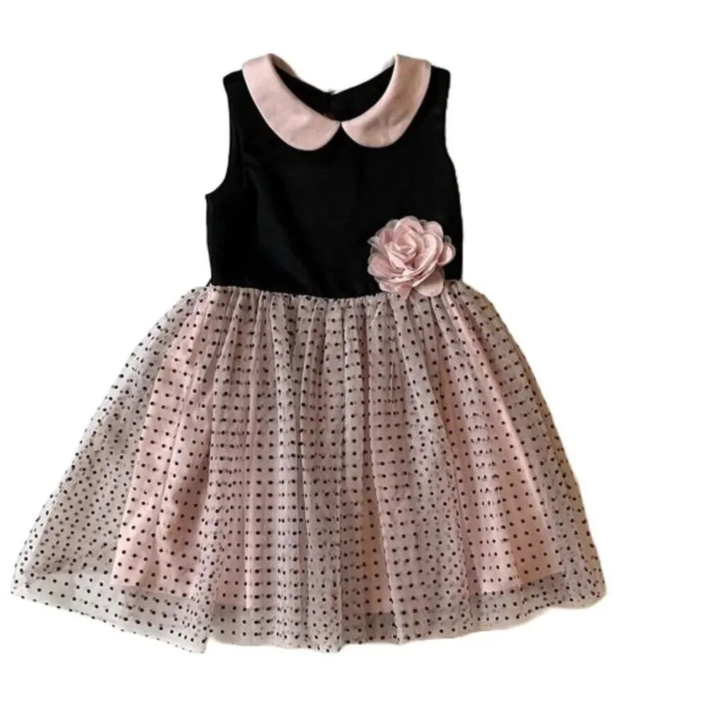 Black & Pink Polka Dot Party Dress, Tulle Flower, Sleeveless, Collared 3T